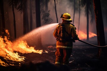 firefighter with extinguisher working at wildfire closeup with fire flames background