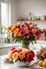 Beautiful bouquet of flowers in vase on table in kitchen.