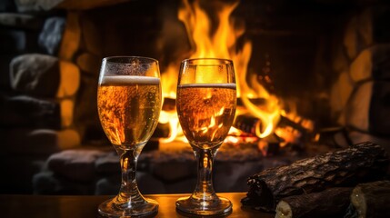 Cheers with craft beer by the cozy fireplace, a perfect celebration moment.