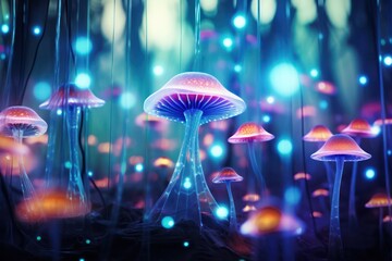 neon futuristic magic mushrooms in the night forest background. Party poster. Mushroom food supplement ad.