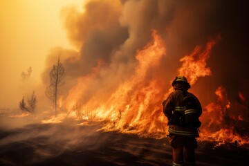 Silhouette of fireman from behind with fire in forest as background. First responders at wildfire in action.
