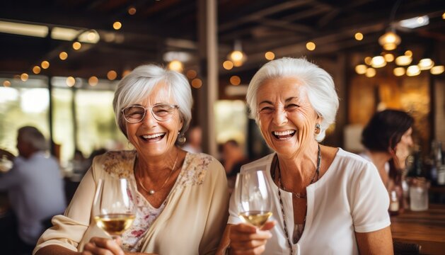 two senior women traveling at wine tasting at winery. Active life of elderly people. Elegant aging concept.