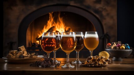 Obraz premium Cheers with craft beer by the cozy fireplace, a perfect celebration moment.