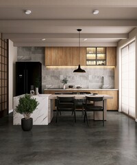 Luxury dining room and kitchen with island, table, chair, counter cabinet with sink, cupboard, led...