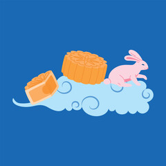 Cartoon Color Mid Autumn Festival Concept for Greeting Card. Vector illustration of Character Moon Rabbit, Moon Cake Traditional Dessert and Chinese Cloud