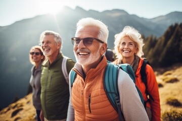 group of four happy senior tourists traveling and hiking in the mountains. Active lifestyle of elderly retired people.