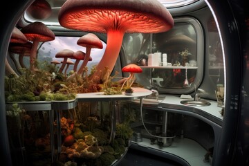 fantasy growing mushrooms in futuristic home interior