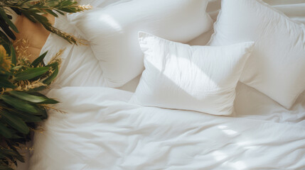 White bedding sheets and pillow background, Messy bed concept - obrazy, fototapety, plakaty