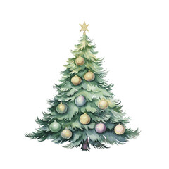 Christmas green tree with decor and gift boxes for decoration greeting card watercolor paint on white background