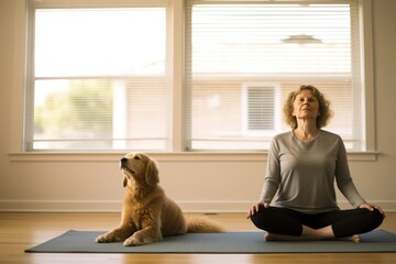 senior woman practicing yoga on mat with golden retriever dog at home