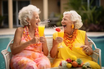Tuinposter happy senior women having fun drinking yellow tropical cocktails on vacation. Cruise travel tour for retired people ad poster flyer. © Dina