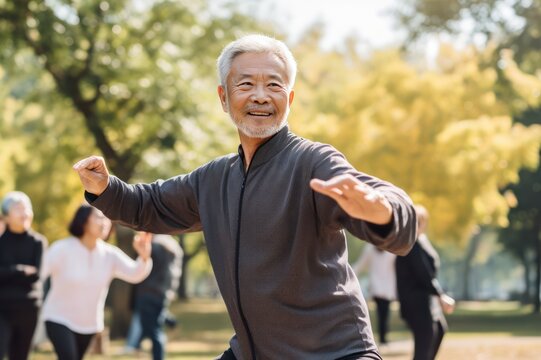 senior asian people practicing at tai chi class in the park