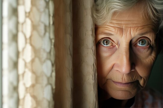 senior elderly woman watching and peeping on neighbors through window closeup. Home security concept. 