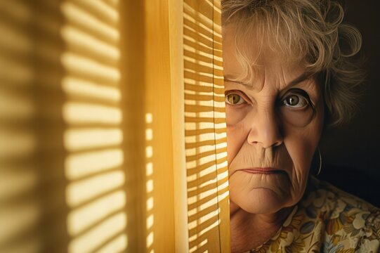 senior elderly woman watching and peeping on neighbors through window closeup. Home security concept. 