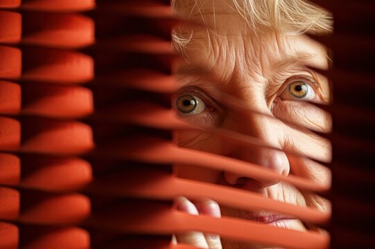 senior elderly woman watching and peeping on neighbors through window closeup. Home security concept.  - Powered by Adobe