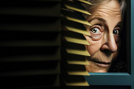 senior elderly woman watching and peeping on neighbors through window closeup. Home security concept. 