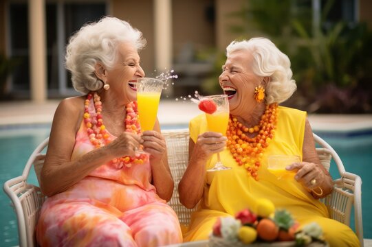 happy senior women having fun drinking yellow tropical cocktails on vacation. Cruise travel tour for retired people ad poster flyer.