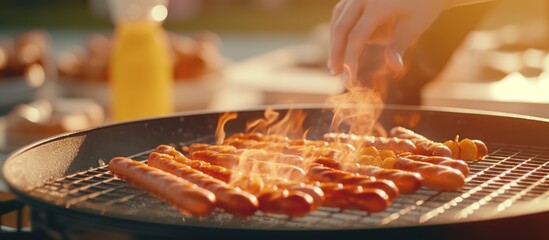 cooks hotdogs on the beautiful terrace of the house - obrazy, fototapety, plakaty