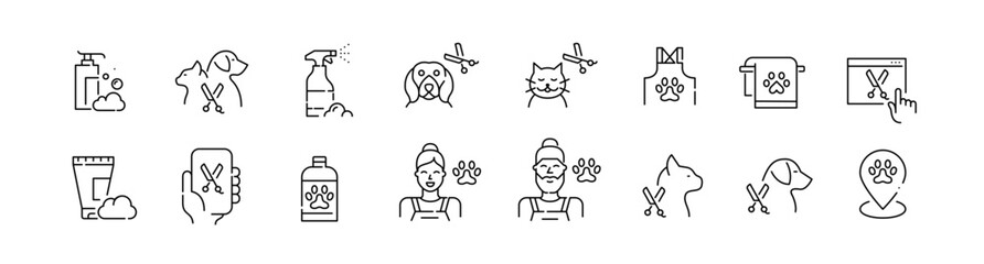 Pet grooming salon. Taking care of cats and dogs. Veterinarian services. Pixel perfect, editable stroke icon