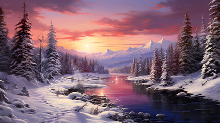 Immerse yourself in the enchanting beauty of winter as the sun sets over a tranquil, snow-covered landscape. This highly detailed background showcases the serene magic of the season.