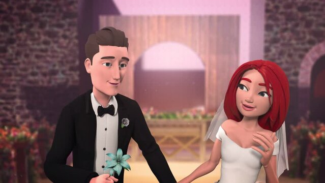 3d Animated Bridegroom In Suit Surprises Bride In White Dress With Flower And Bride Kisses On Bridegroom’s Cheek.