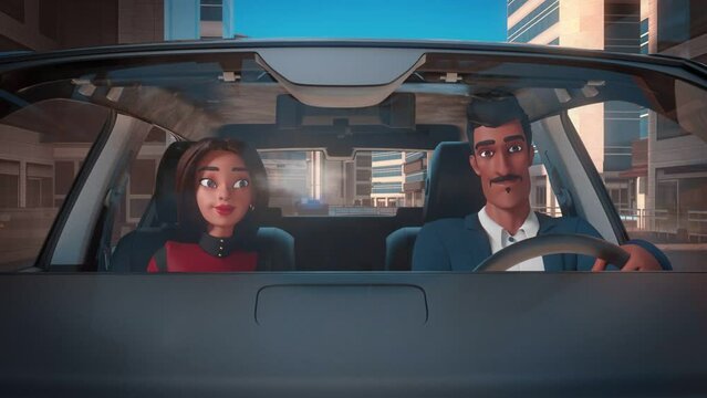 3d Animated Man In Suit And Woman In Red Dress Couple Driving Car On A City Road Surrounded By Building.