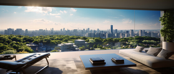 Modern luxury residence interior with panoramic view  - obrazy, fototapety, plakaty