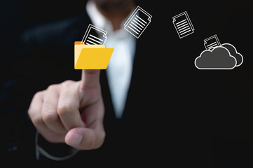 Document management system concept, business man holding folder and document icon software, searching and managing files online document database, for efficient archiving and company data.