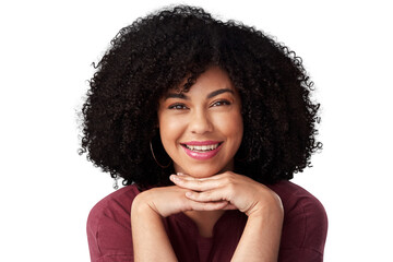 Happy, beautiful and portrait of a confident woman with an afro, beauty and makeup. Smile, hair...