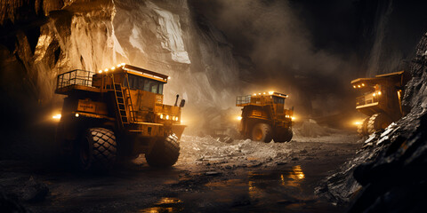Industry mining truck in a coal mine A vast openpit coal mine massive mining trucks and excavators in action capturing the scale and magnitude Ai Generative - obrazy, fototapety, plakaty