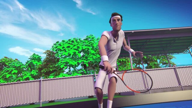3d Animated Male And Female In White Clothes Playing Tennis Against Each Other In A Blue Tennis Court.