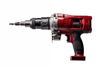  A red drill with a drill bit on a white background.