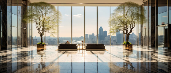 Modern luxury residence interior with panoramic view, view from the window