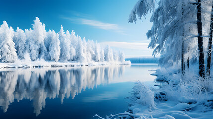 A frozen lake mirrors the mesmerizing wintry landscape, creating an epic and highly detailed background that immerses you in the season's breathtaking beauty.