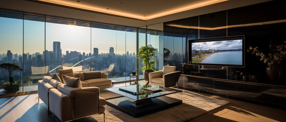 Modern luxury residence interior with panoramic view, lounge chairs at sunset
