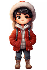 Cute Boy Dressed in Winter Clothes. Happy cartoon character. Realistic colorful isolated illustration on white background.