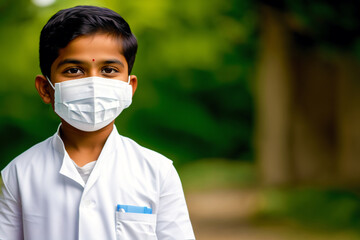 An indian boy wearing protective mask. COVID 19. Mask-Wearing with Confidence. Generative AI