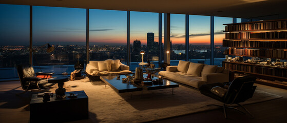 Modern luxury residence interior with panoramic night view, sunset over the harbor