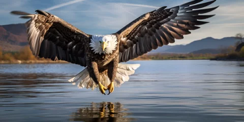 Foto auf Acrylglas Araffe eagle landing on water with wings spread wide Bald Eagle Majestic Swoop over a Tranquil Lake Bald Eagle in flight natural environment with mountains on the sky background Ai Generative © Hafiz