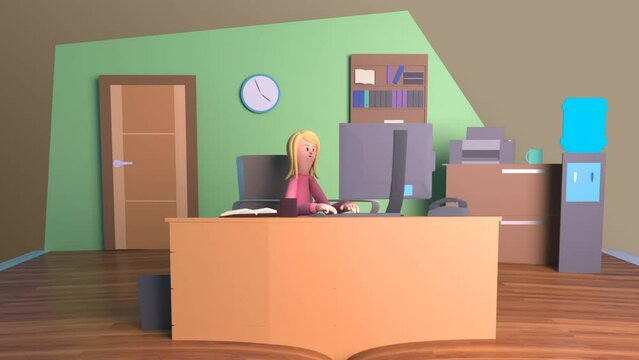 3d Rendered Pop-Up Book Opens To Show Woman Working On Desktop Computer At Office In Transparent Background.