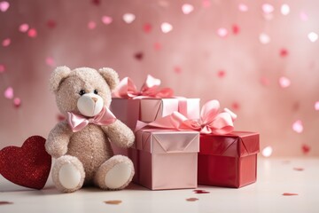 Valentines day concept.Teddy bear and Valentines day present with heart shape glitter on background