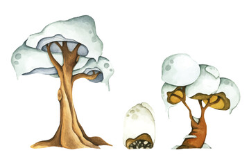 Watercolor illustration of Winter snow-covered tree.