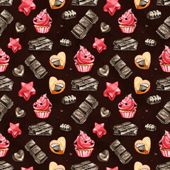 Sweet seamless pattern with chocolate. Watercolor Valentine illustration for any event decoration, black background, path included