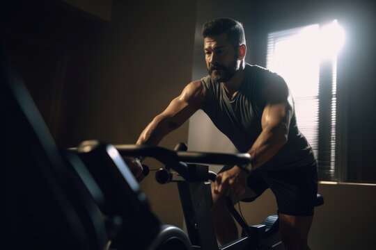 muscular and healthy sportsman running on a treadmill