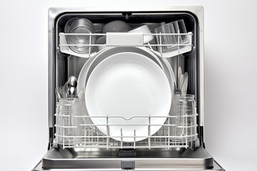 A close-up of a dishwasher filled with clean dishes and utensils.