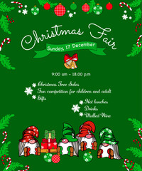 merry Christmas banner with cute cartoon style, banner for Christmas fair with hand drawn dwarfs,  vector illustration