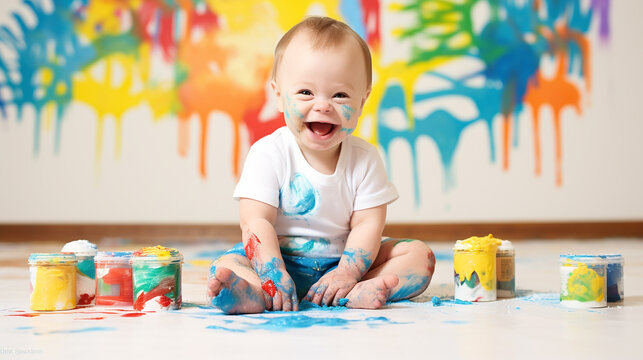 Little boy with Down syndrome cheerful playing with paints