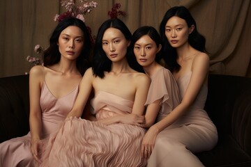 Four Happy Asian Women Multicultural Friends in Bright Dresses Smiling at Camera, Brown Background