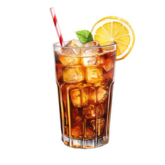 Long Island Iced Tea. Alcohol cocktail isolated in watercolor style. Menu and bar card design element. AI - obrazy, fototapety, plakaty