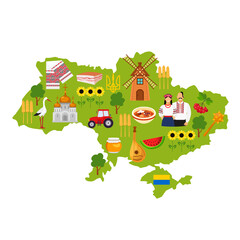 Ukraine map and elements set. National symbols - flag, embroidery, viburnum, church, windmill, bandura, trident, wheat